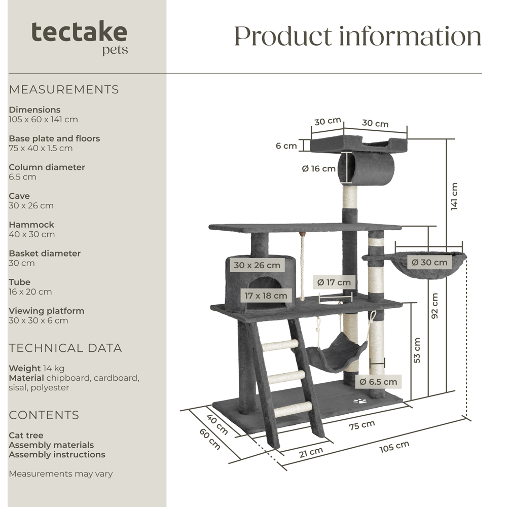 Tectake Grey Cat Tree Marcel Scratching Post Image 9