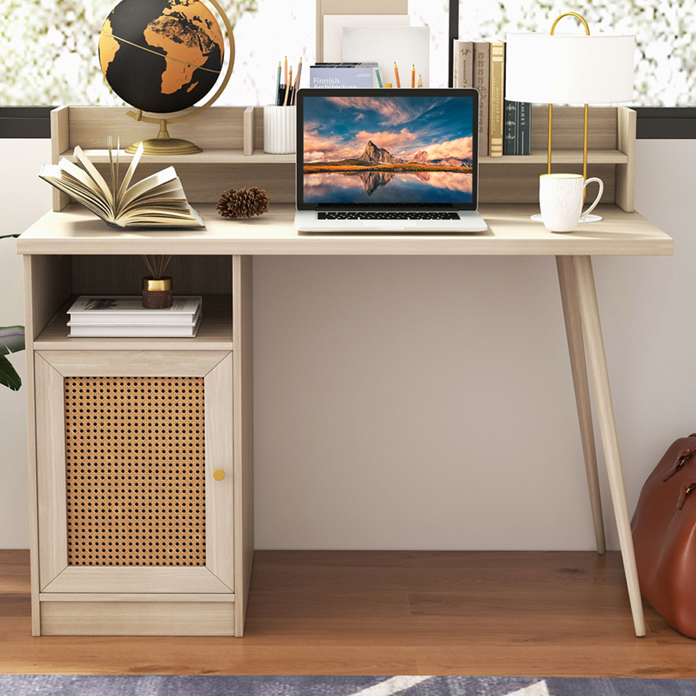 Costway Single Door PE Rattan Computer Desk with Hutch White Oak Image 1