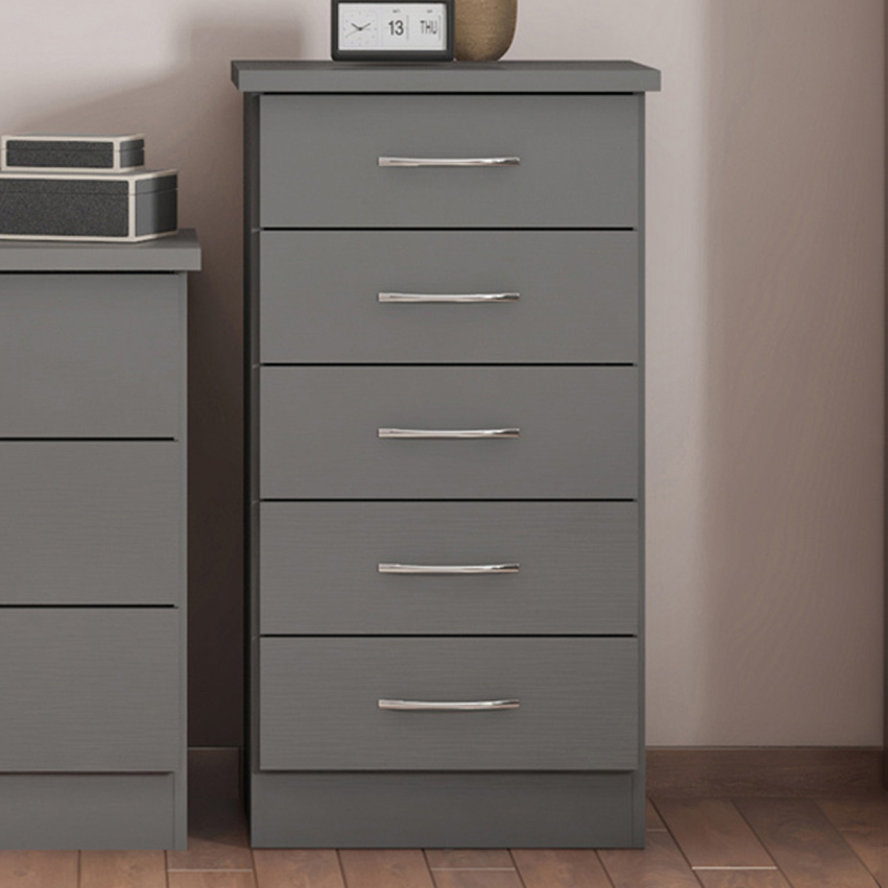 Seconique Nevada 5 Drawer 3D Effect Grey Narrow Chest of Drawers Image 1