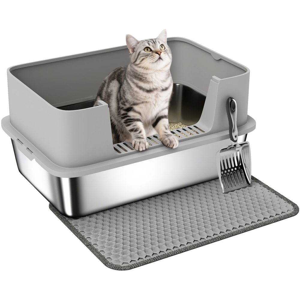 PawHut One Size Grey Stainless Steel High Sided Cat Litter Tray with Scoop Image 1