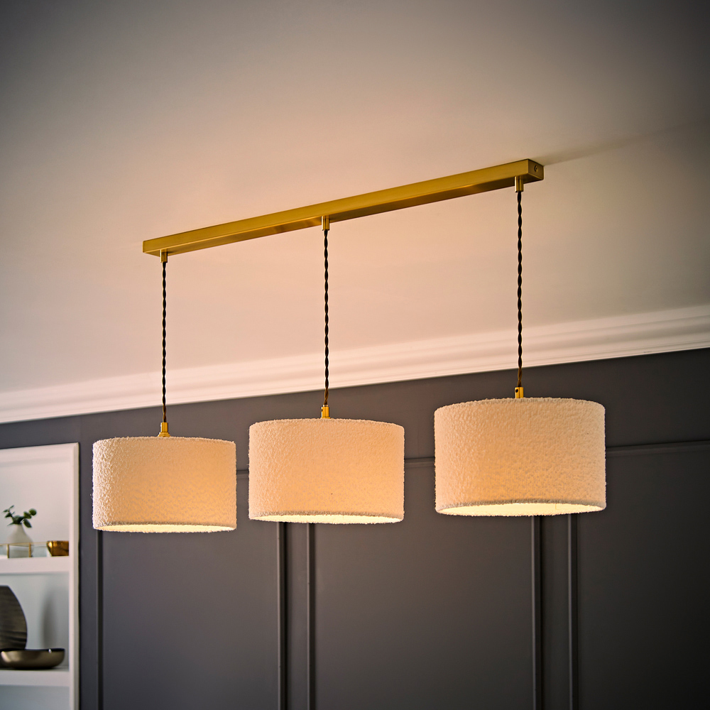 ValueLights Reni Cream Boucle Drum Shade 3 Drop Bar Gold Diner LED Ceiling Light Image 6