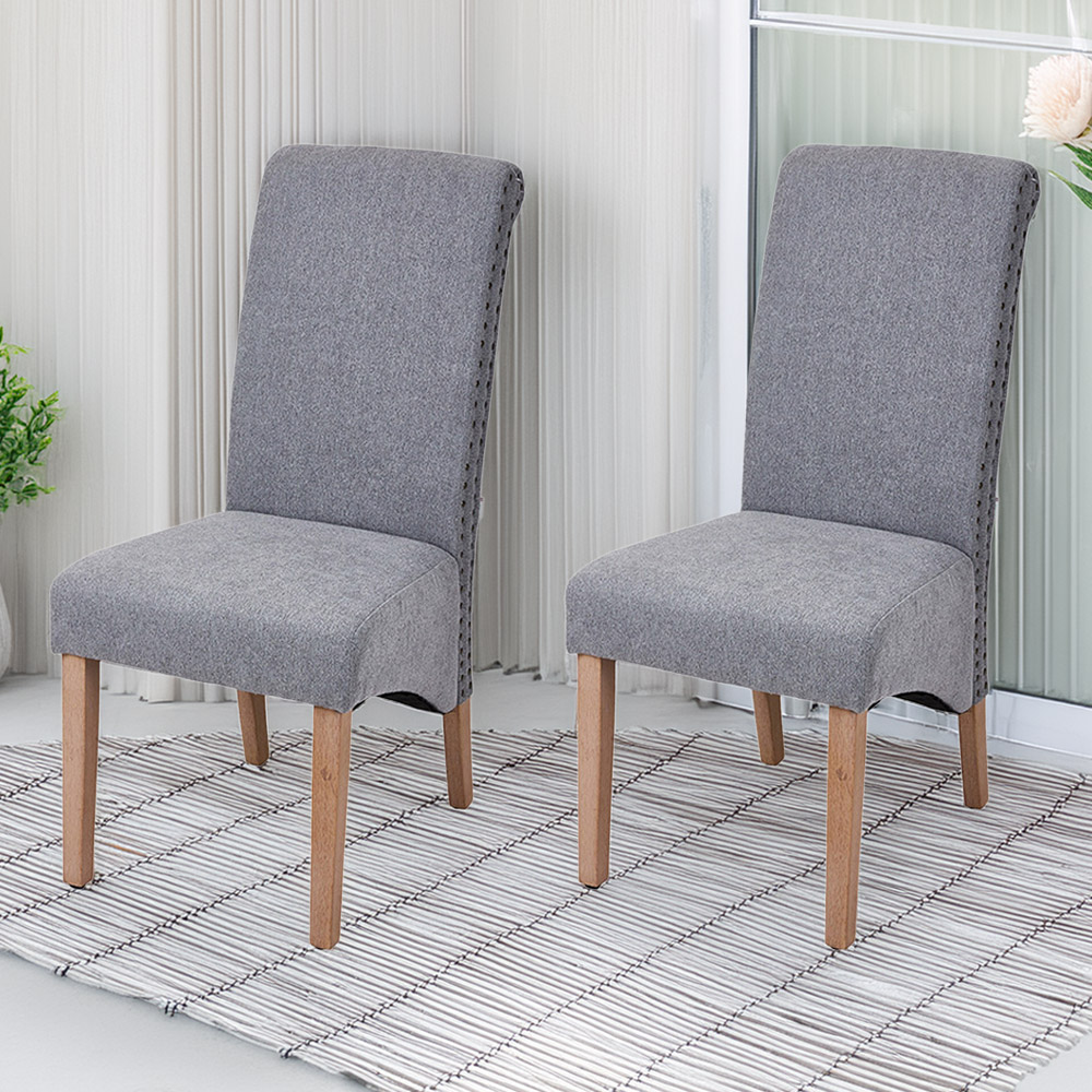Living and Home Set of 2 Grey Linen Upholstered Dining Chairs Image 1