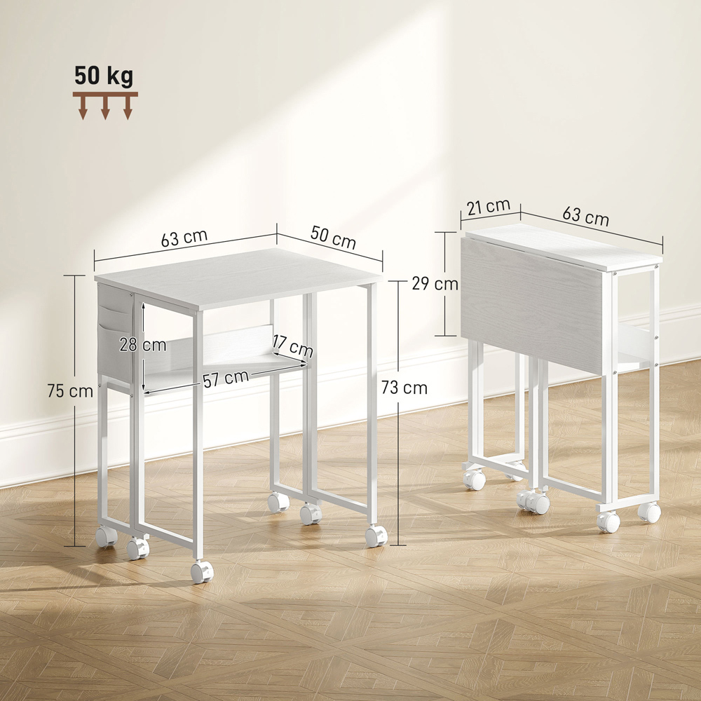 HOMCOM Single Shelf Foldable Computer Desk with Wheels and Side Bag White Image 9