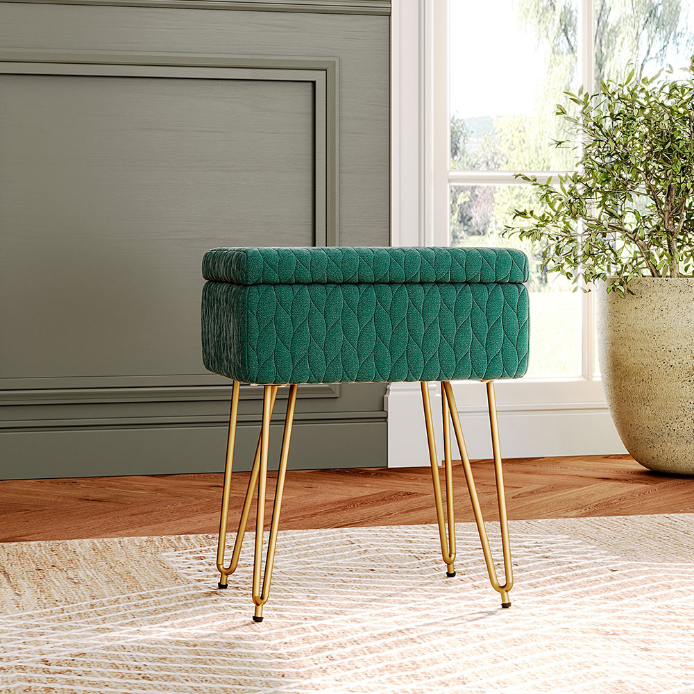 Living and Home Green Rectangle Upholstered Ottoman Vanity Stool with Storage Image 8