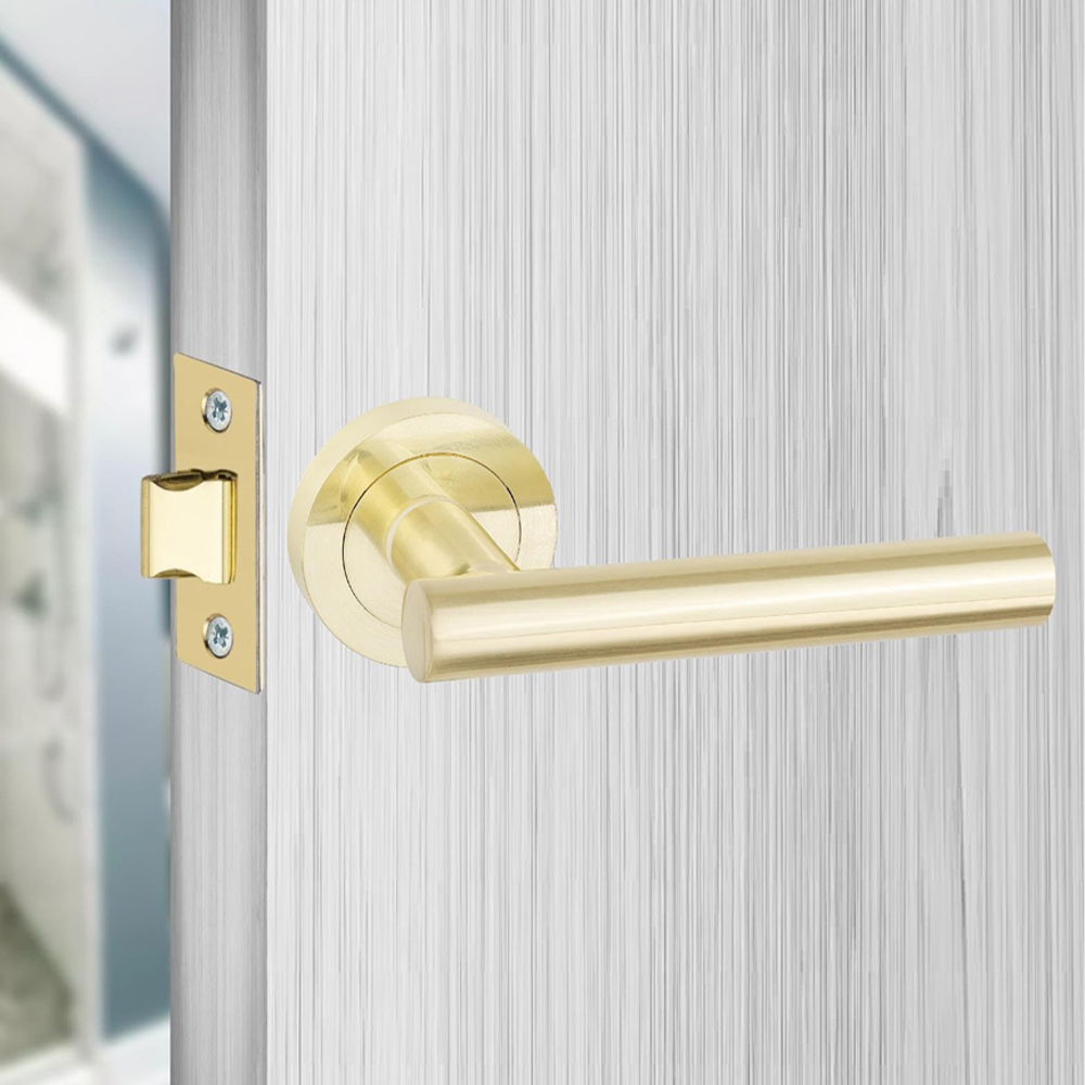 Golden Grace Satin Brass Straight T-Bar Bathroom Door Handle Pair with Thumbturn and Mortise Lock Image 2