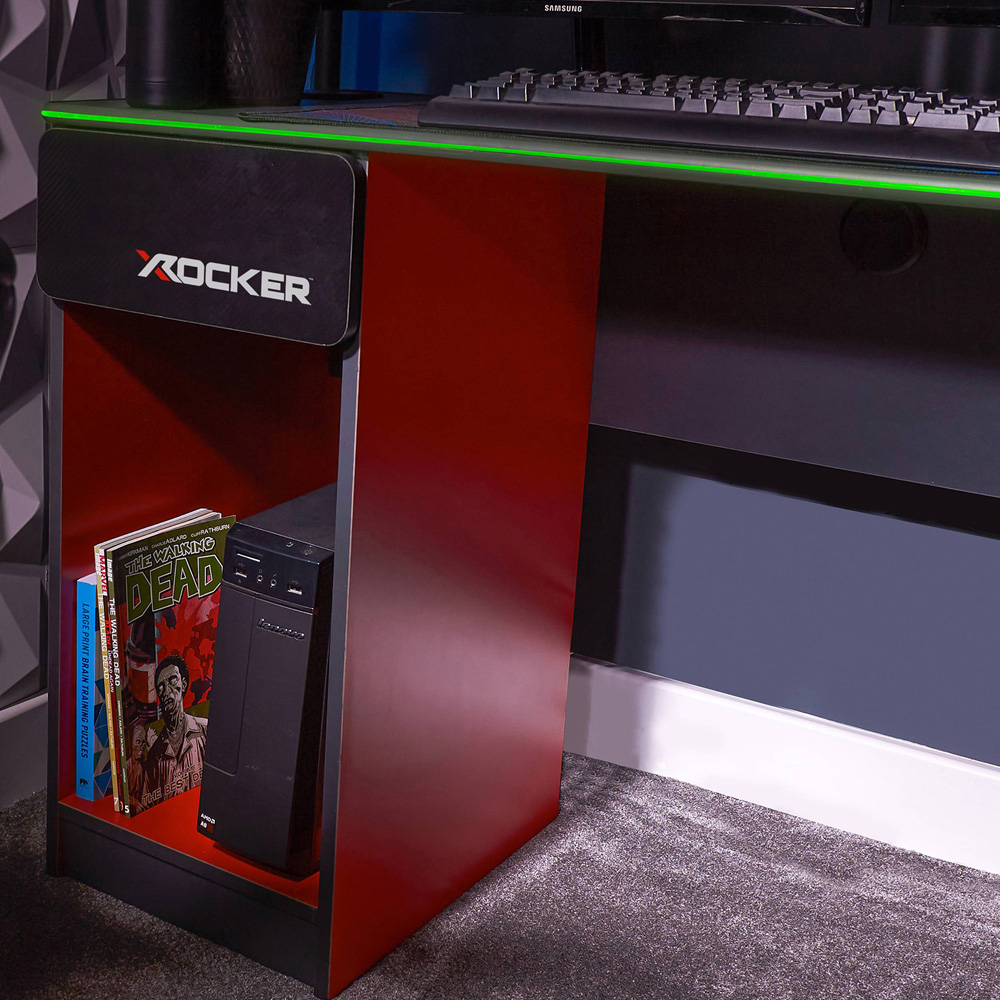 X Rocker Carbon-Tek Single Drawer Single Shelf Gaming Desk with Neo Fibre LED Lights Grey and Red Image 5