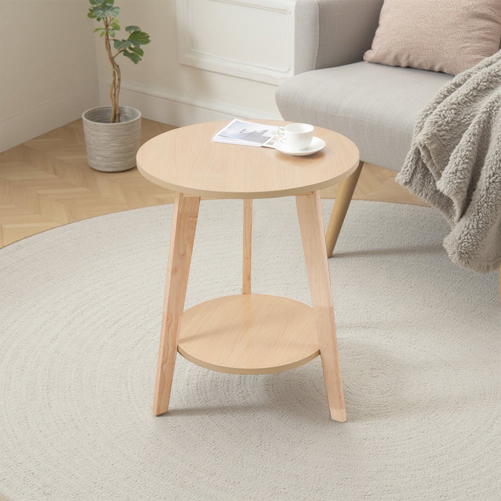 Living and Home 2-Tier Natural Round Wooden Coffee Side Table Image 7