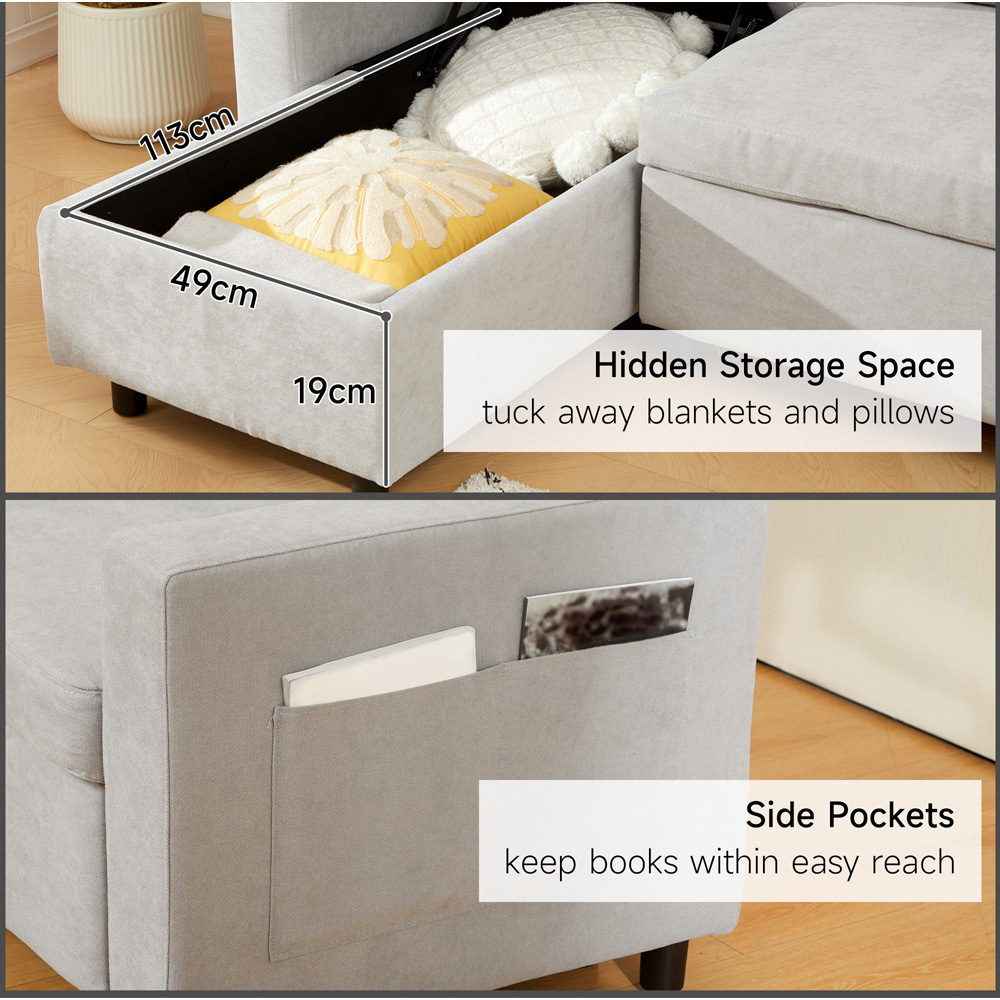 HOMCOM 3 Seater Light Grey L Shaped Convertible Pull Out Corner Sofa Bed with Storage Image 5