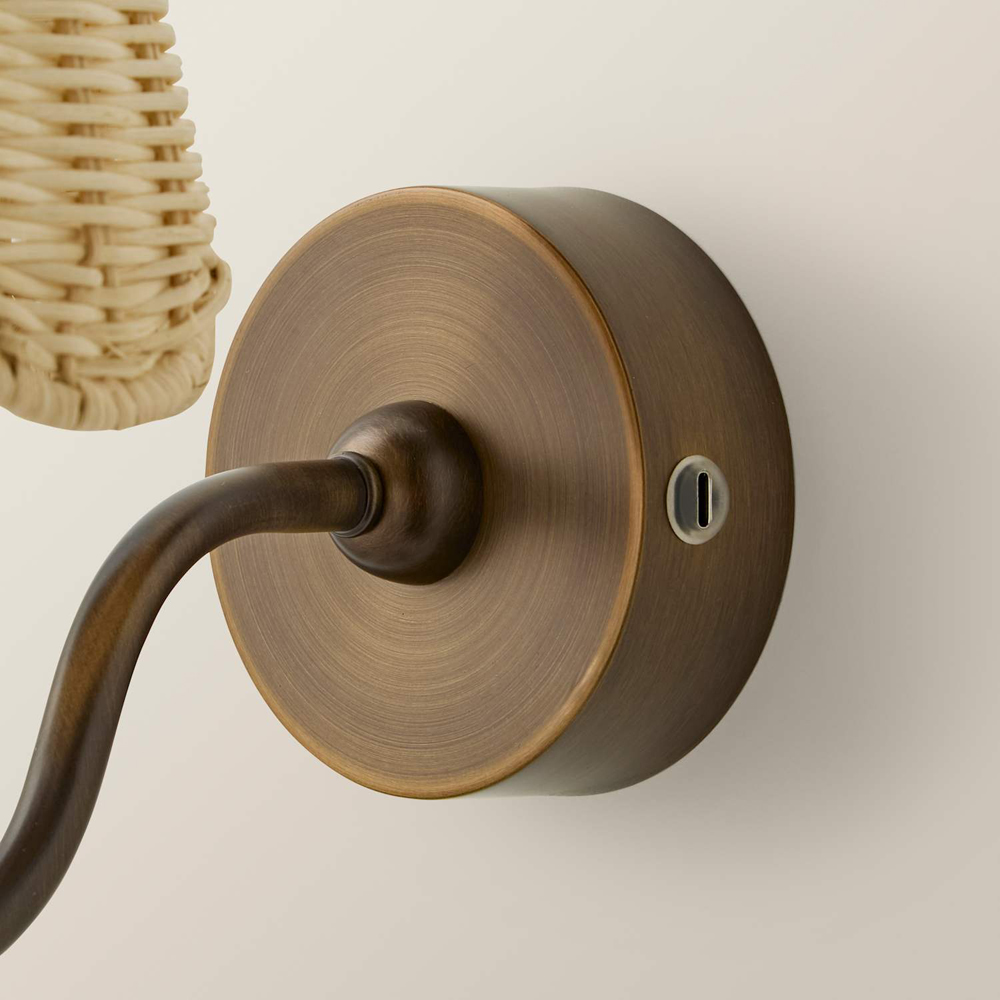 ValueLights Lowe Rattan Taper Shade Brass Portable Rechargeable Wall Light with Bulb Image 5