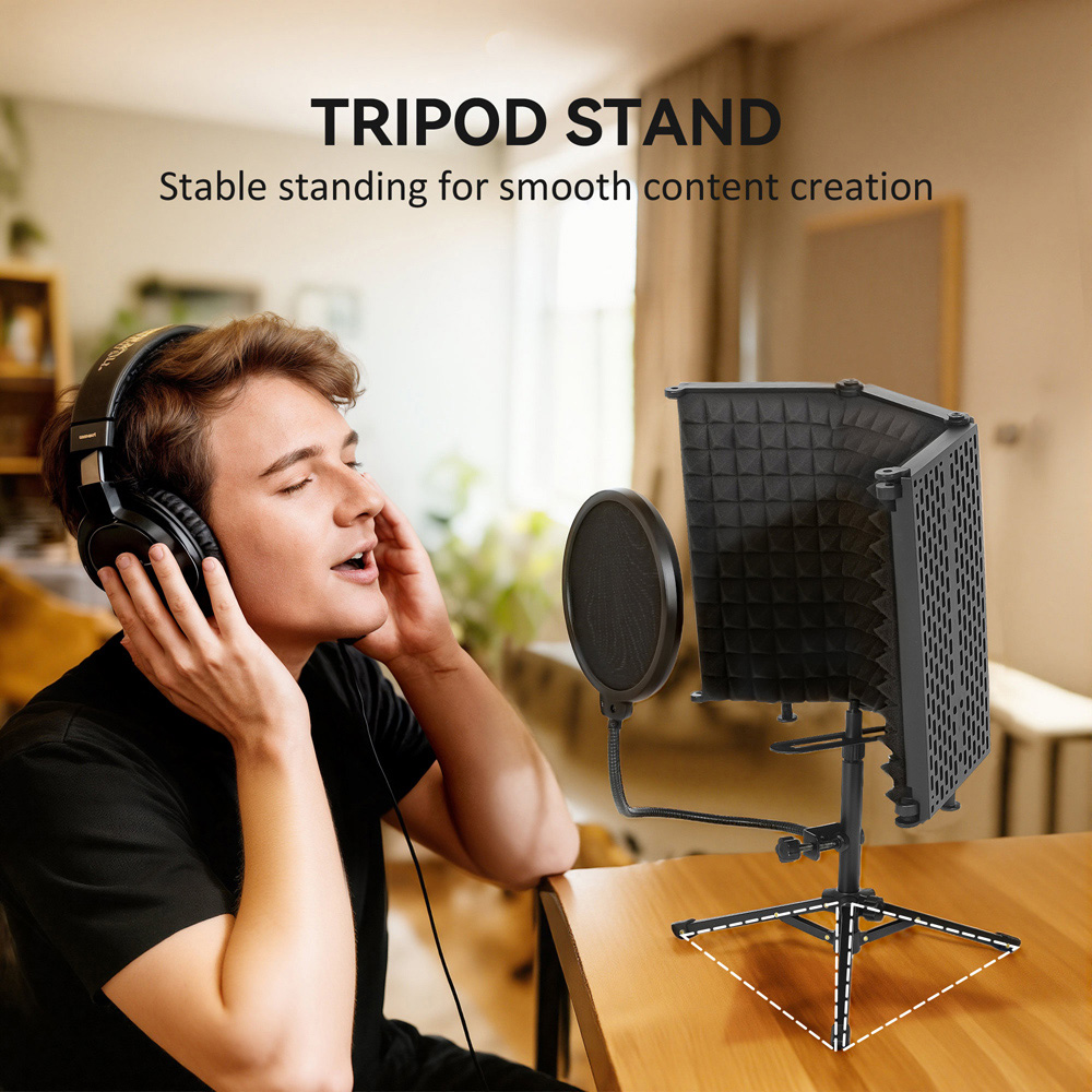 HOMCOM Black Studio Microphone Isolation Shield with Pop Filter and Stand Image 3