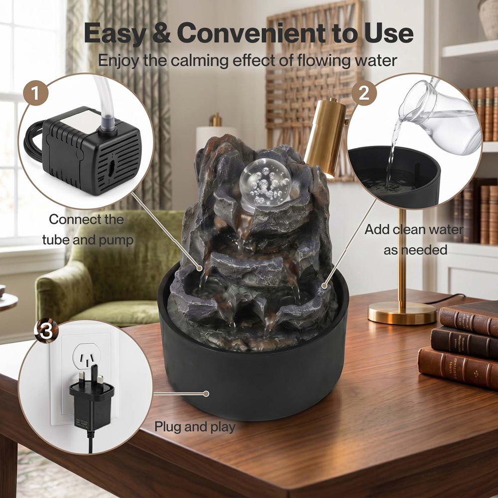 Spector Grey Brown Resin Tabletop Water Fountain with Rotating Glass Ball Image 7