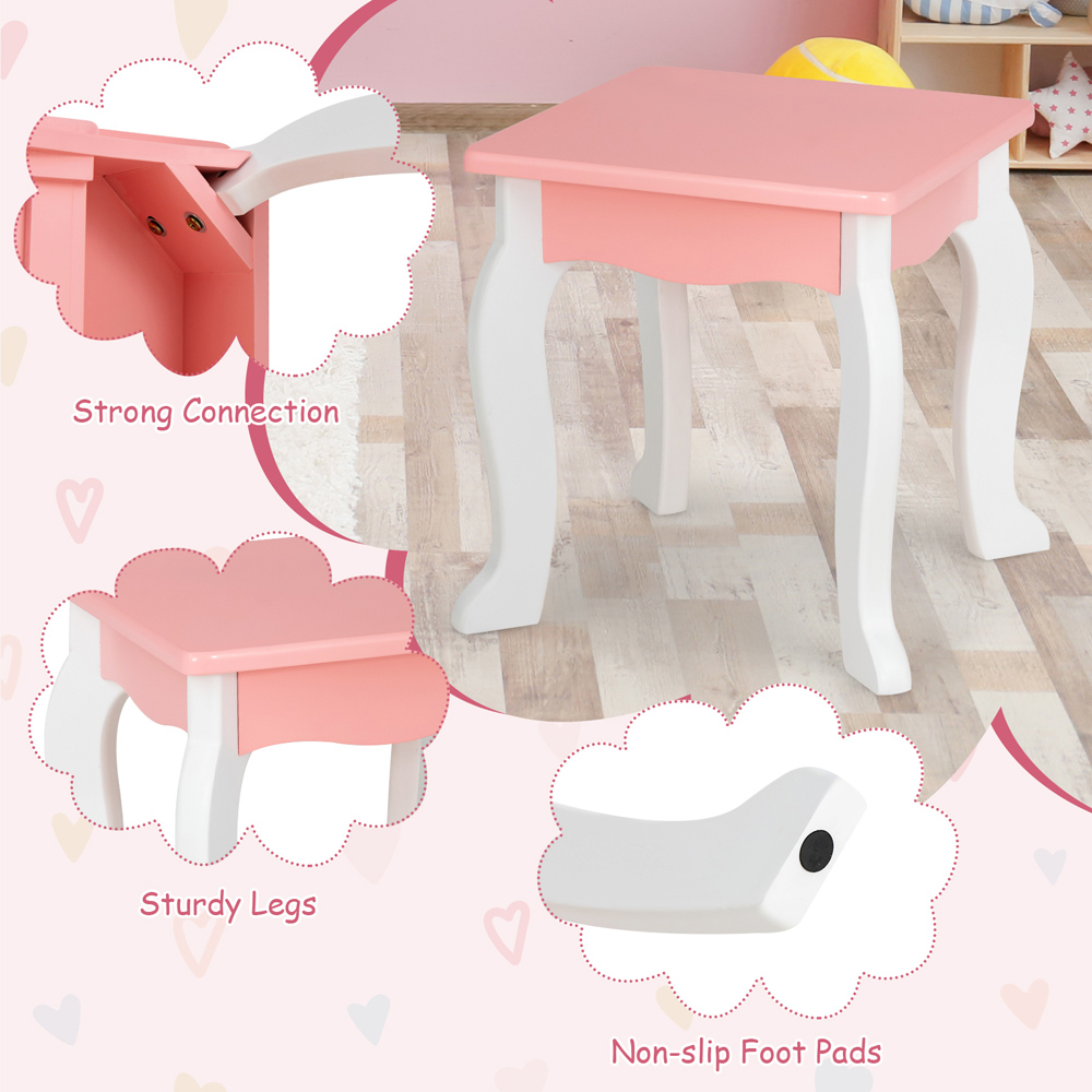 Costway Single Drawer Kids Pink Dressing Table and Stool Set with Mirror Image 8