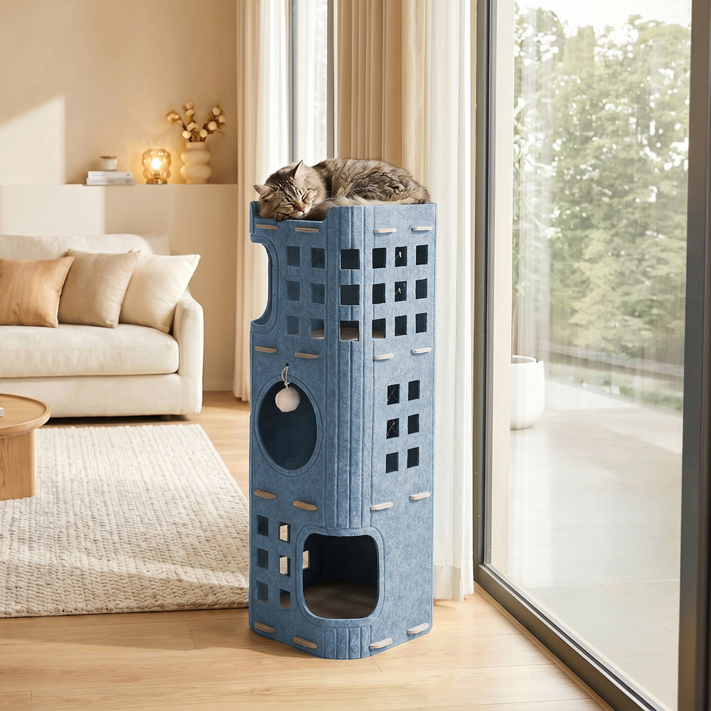 H&O Direct 3-Tier Grey Felt Cat House with Hanging Fluffy Ball Image 5