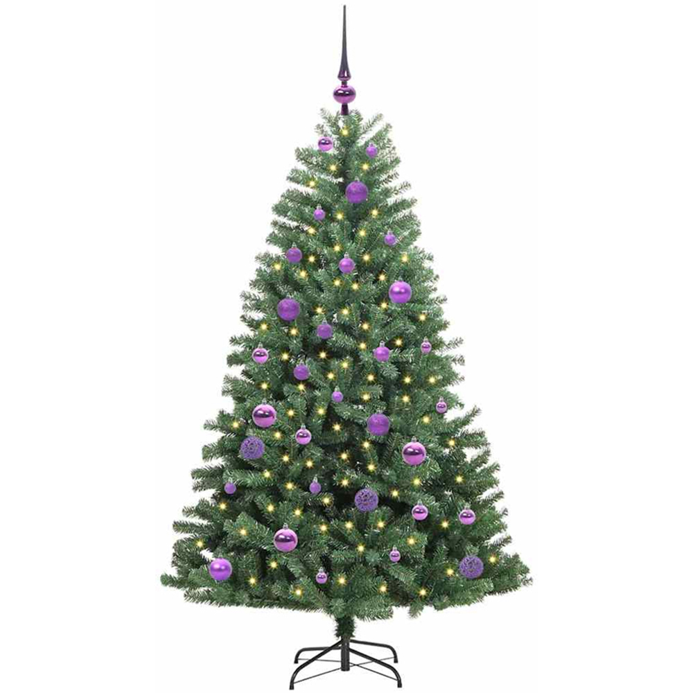 vidaXL Pre-Lit Lilac Baubles Green Artificial Hinged Christmas Tree 5ft Image 1