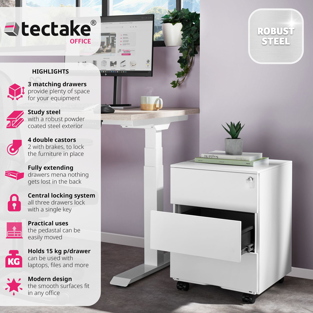 tectake Magna 3 Drawers White Lockable Chest of Drawers Image 5
