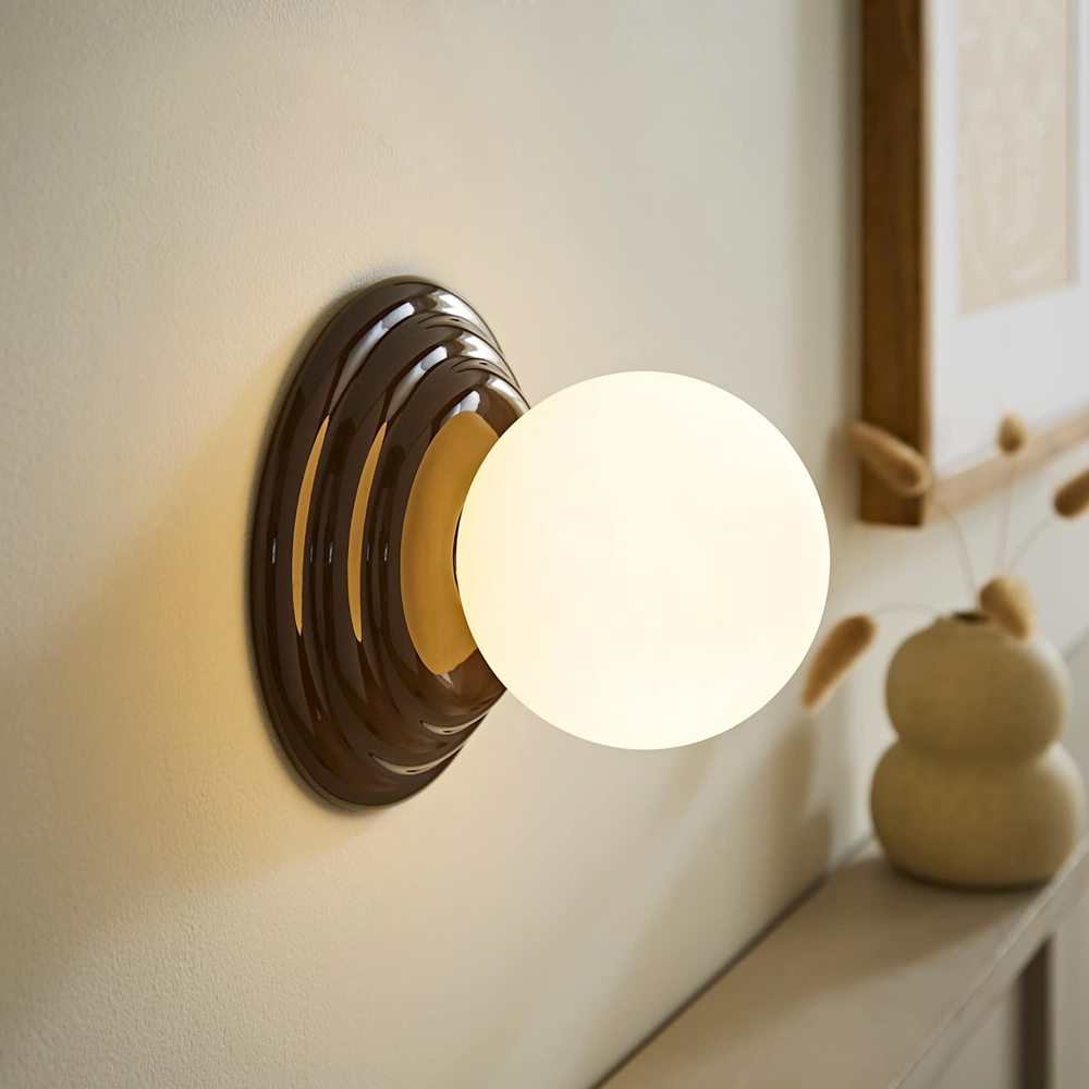 ValueLights Rue Frosted Glass Shade Chocolate Ribbed Ceramic Base Flush Wall Light with Bulb Image 5