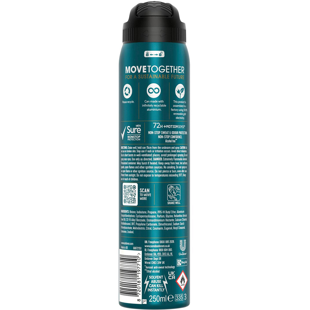 Sure Men 72H Non-Stop Protection Anti-Perspirant Sport Cool Deodorant Spray 250ml 24 Pack Image 3