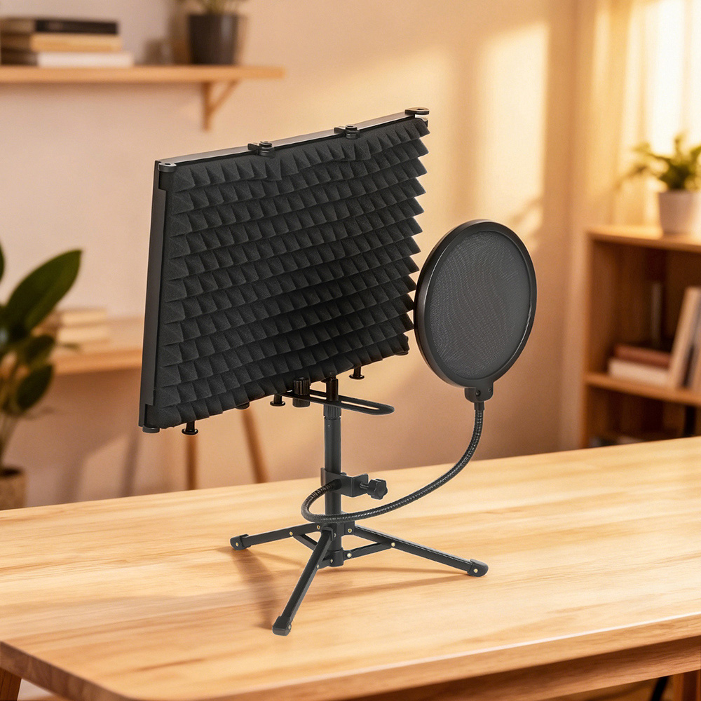 HOMCOM Black Studio Microphone Isolation Shield with Pop Filter and Stand Image 2
