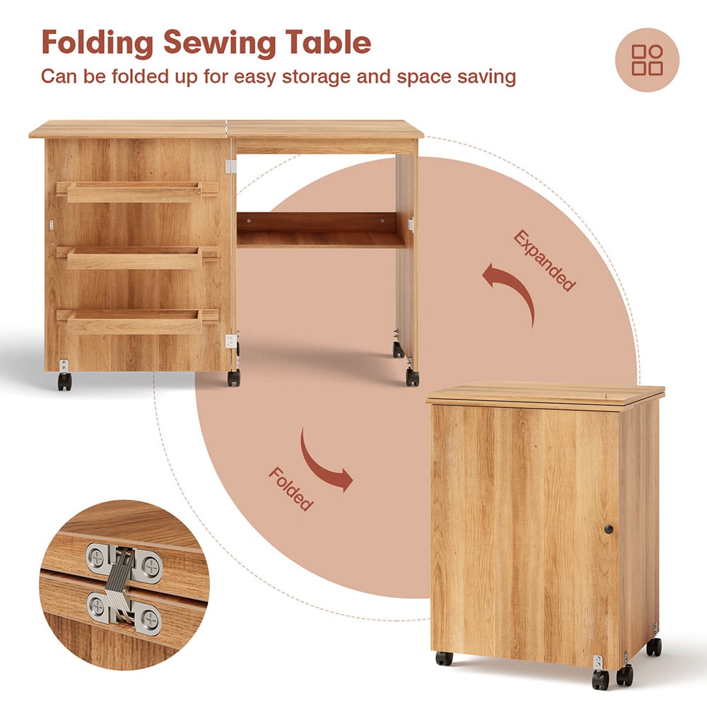 Costway Folding Sewing Table with Storage Shelves Natural Image 6
