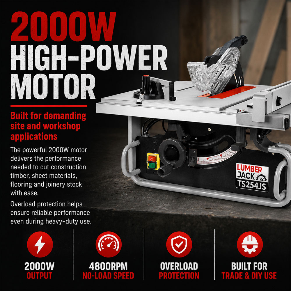 Lumberjack TS254JS 2000W Black Compact Portable Table Saw 254mm Image 2