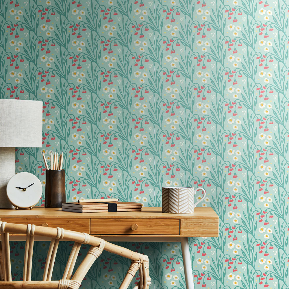 Hoopla Walls Meadow Stripe Seafoam and Coral Non Woven Wallpaper Image 2