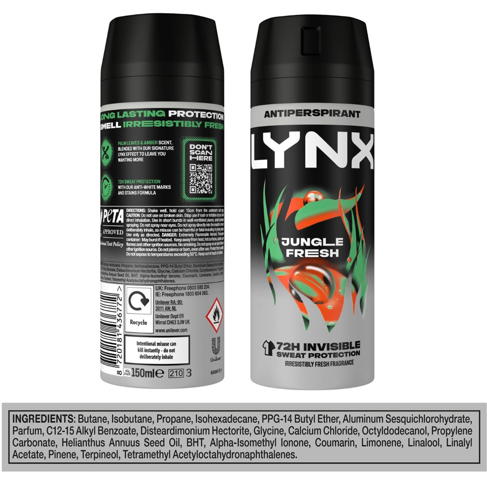 Lynx Jungle Fresh 72H Sweat Protection Anti-Perspirant Deodorant Body Spray 150ml 30 Pack Image 8