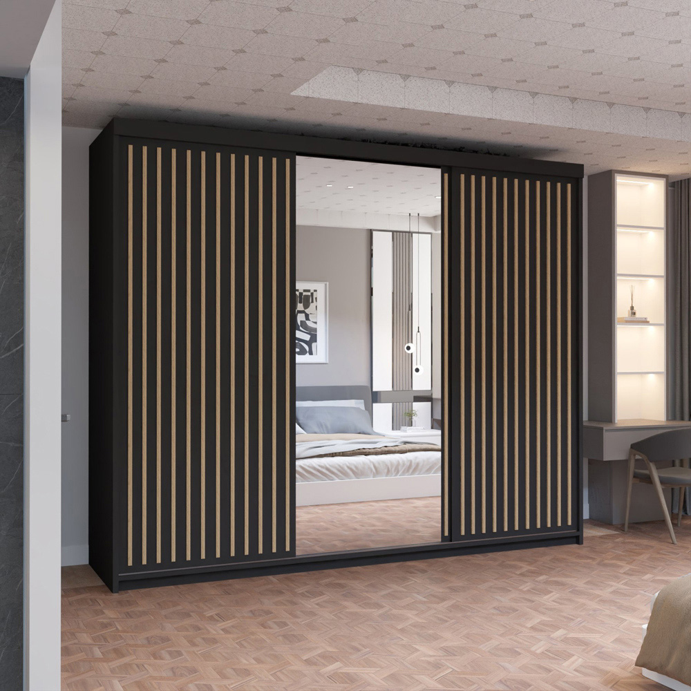 M N Furniture Roman 3 Door Black and Oak Mirrored Sliding Wardrobe 250cm Image 4