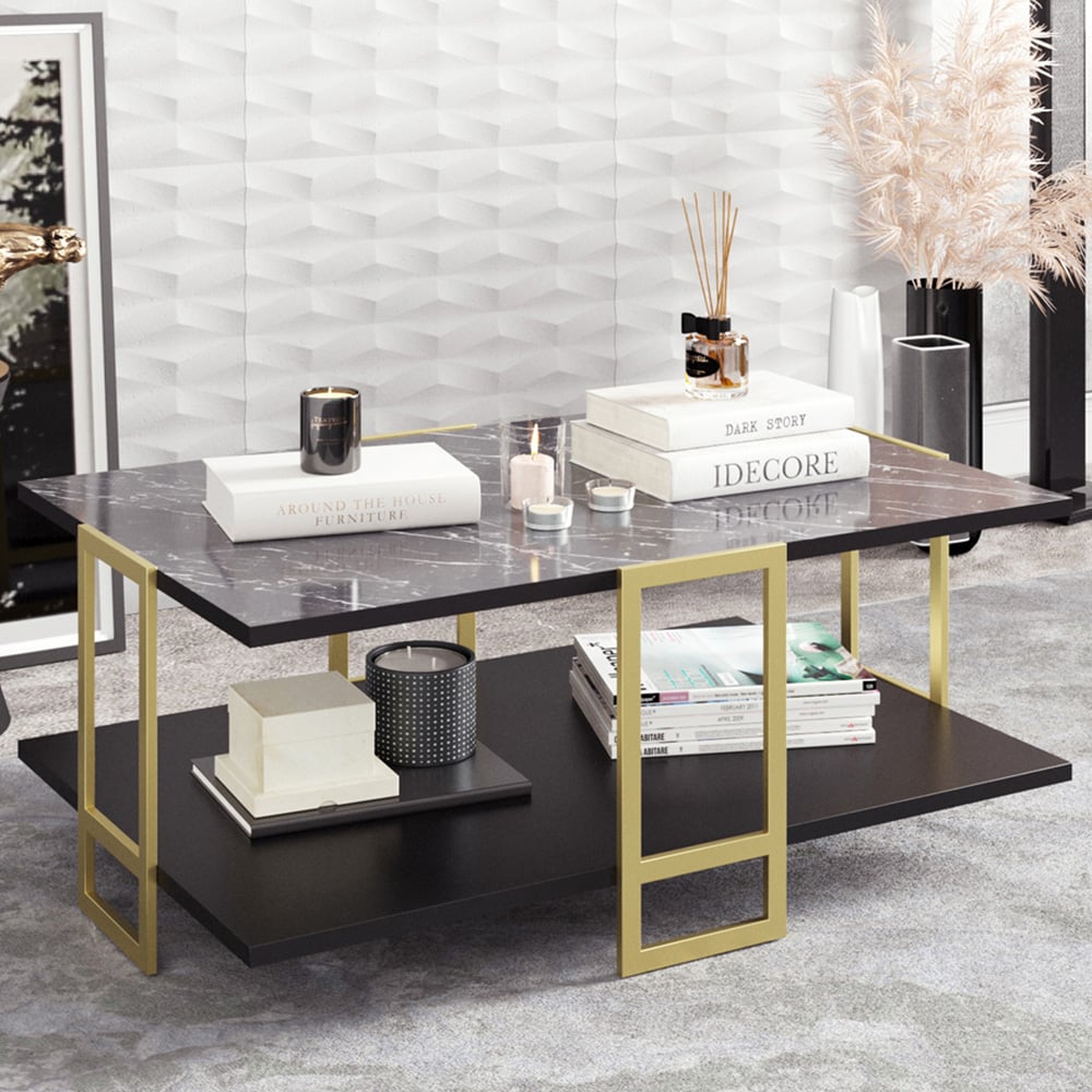 Decorotika Polka 2 Tier Black Marble and Gold Coffee Table Image 1