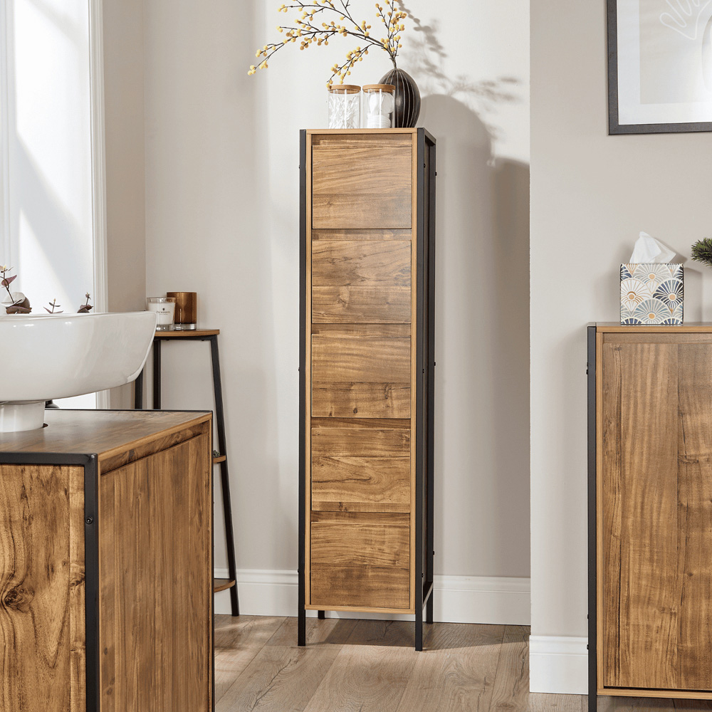 Home Source Locastra 5 Drawer Oak and Black Tall Floor Storage Cabinet Image 8