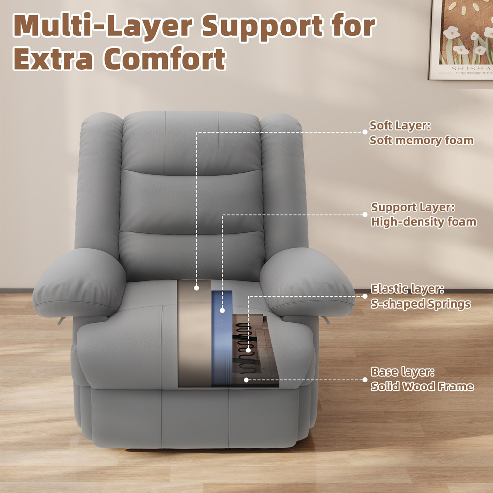 Rattrix Grey PU Leather Manual Reclining Chair with Padded Backrest and Retractable Footrest Image 6