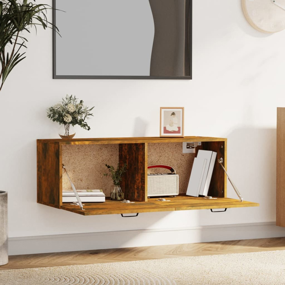 vidaXL 2 Compartment Smoked Oak Wall Cabinet with Black Handle Image 7