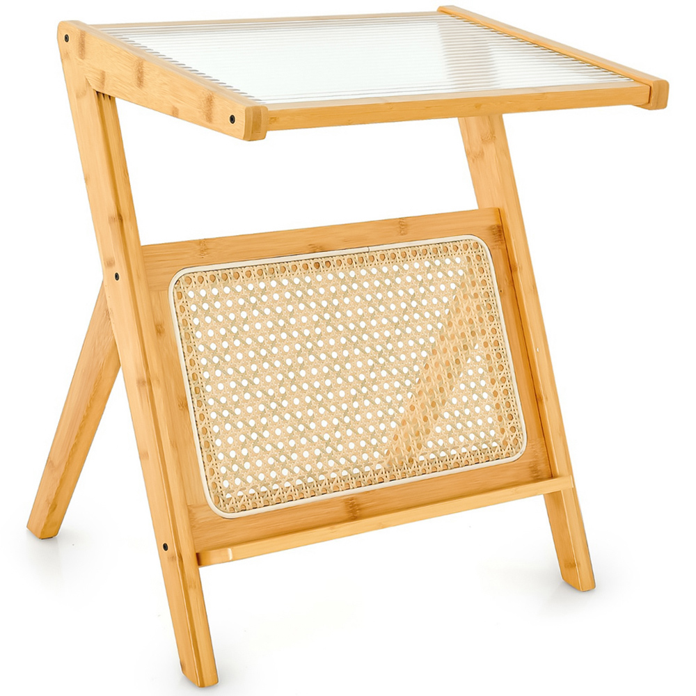 Costway Single Shelf Natural Bamboo Accent Bedside Table with Tempered Glass Top Image 2
