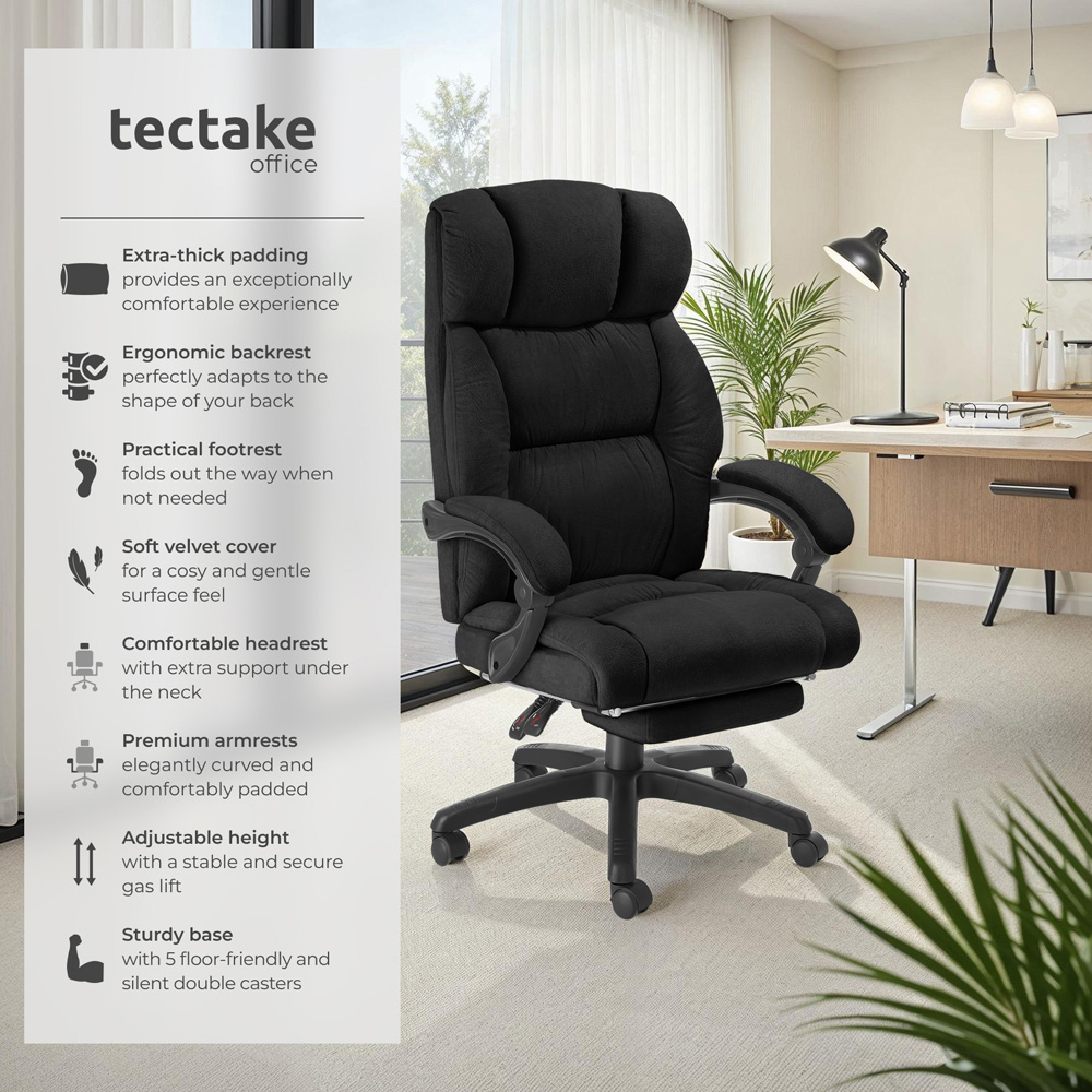 tectake Gillian Black Swivel Velour Seat Office Chair with Folding Footrest Image 3