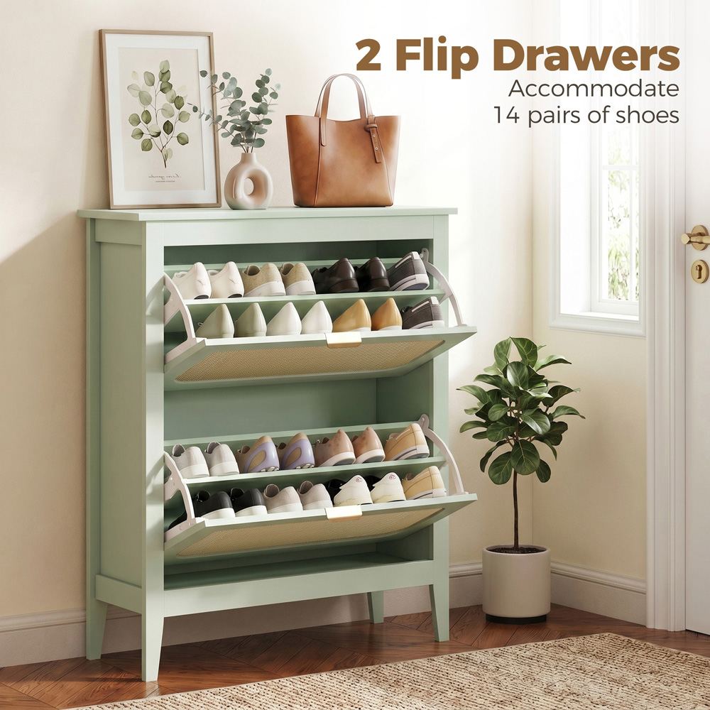 HOMCOM 2 Flip Door Green Rattan Boho-Style Slim Shoe Cabinet Image 6