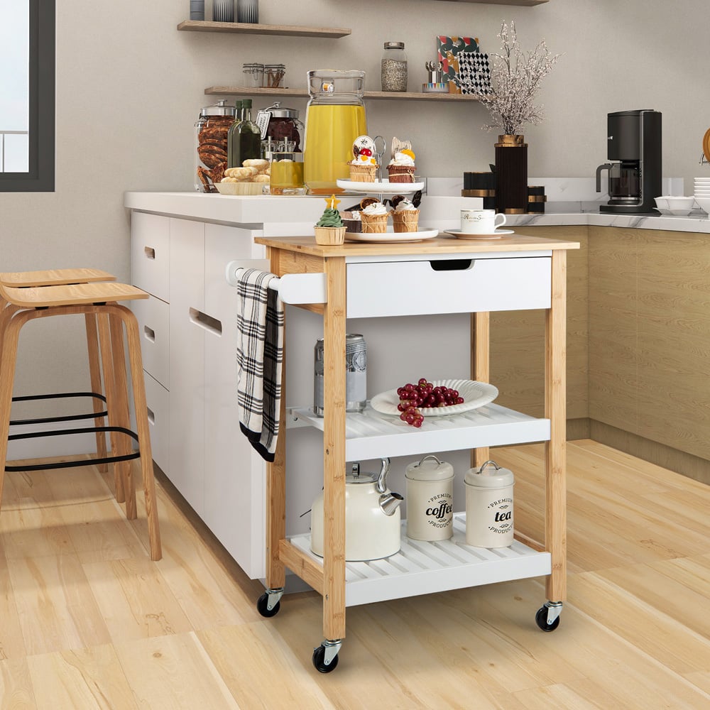 Costway Single Drawer Natural Bamboo Kitchen Island Trolley Image 2