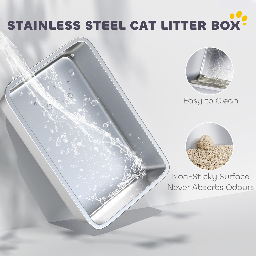 PawHut One Size Grey Stainless Steel High Sided Cat Litter Tray with Scoop Image 4