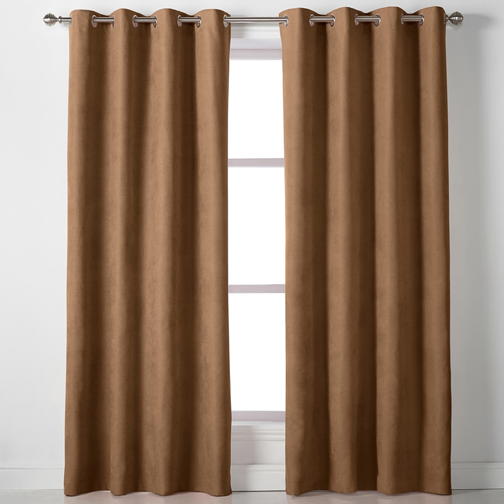 Alan Symonds Tan Velvet Chenille Ring Top Eyelet Curtains 142 x 229cm Image 1