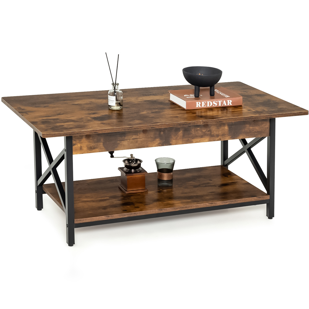 Costway Single Shelf Rustic Brown Industrial Style Coffee Table Image 2