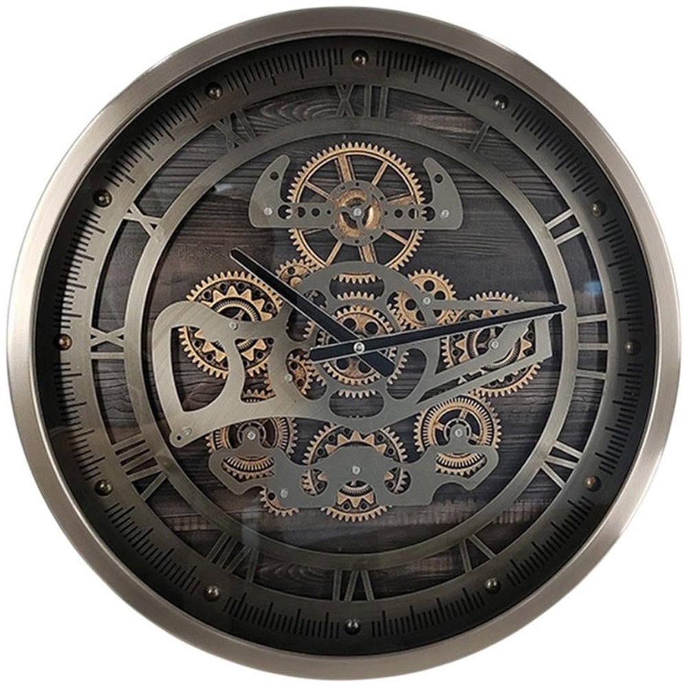 Acacia Home Silver Roman Numeral Round Gear Wall Clock 46cm Image 1