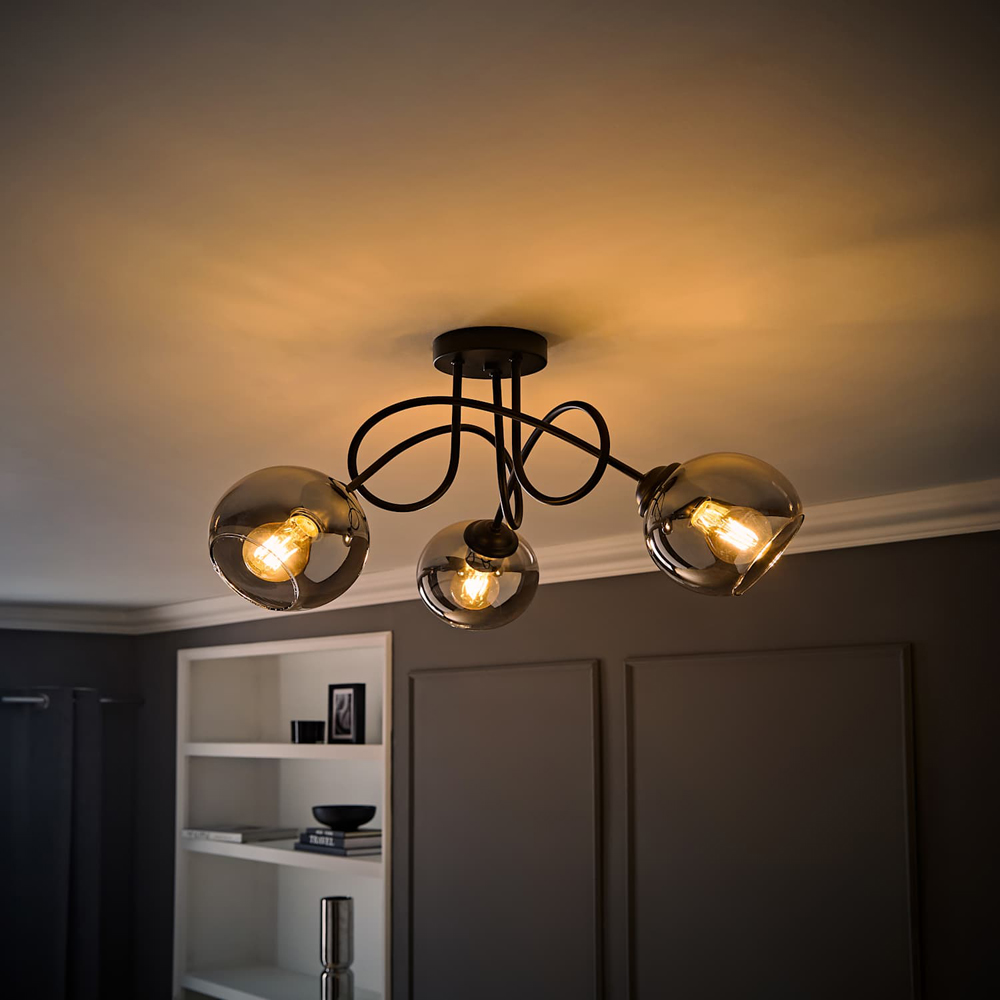 ValueLights Malcom 3 Arm Smoked Glass Shade Matt Black Twisted Ceiling Light with Bulb Image 2