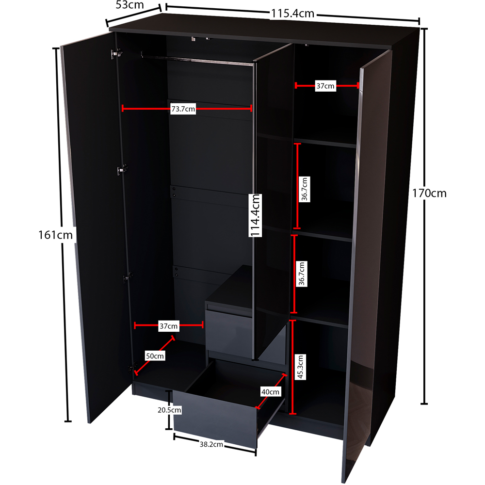 Vida Designs Glinton 3 Door 2 Drawer Black Wardrobe Image 7