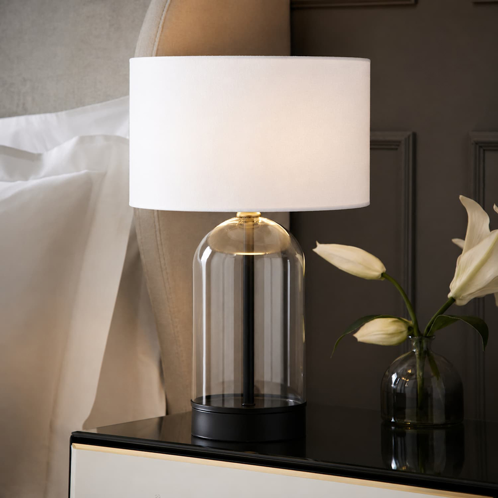 ValueLights Jessy White Fabric Drum Shade Black Trim Glass Table Lamp with Bulb Image 4