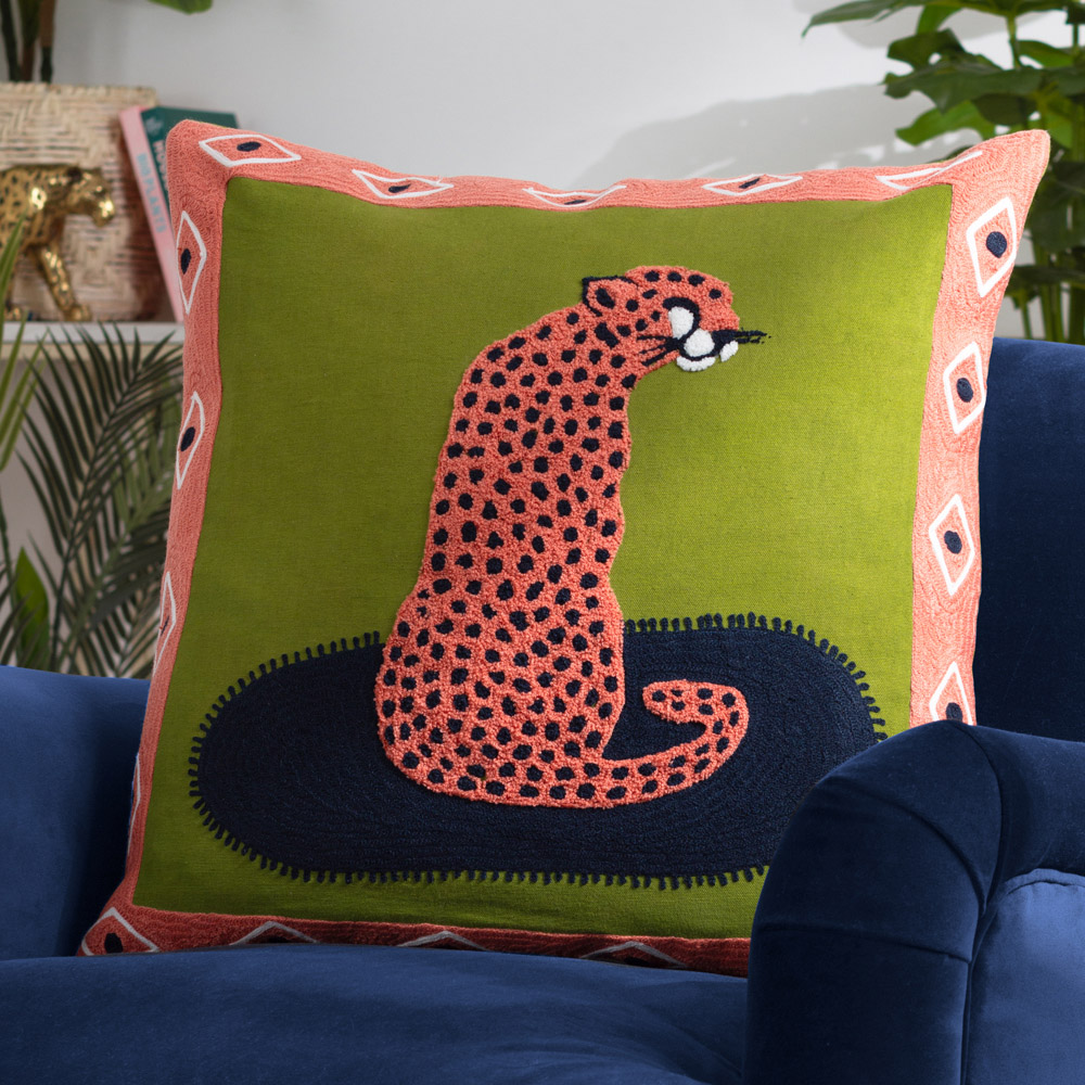 furn. Coral Cheetah Embroidered Cushion Image 2