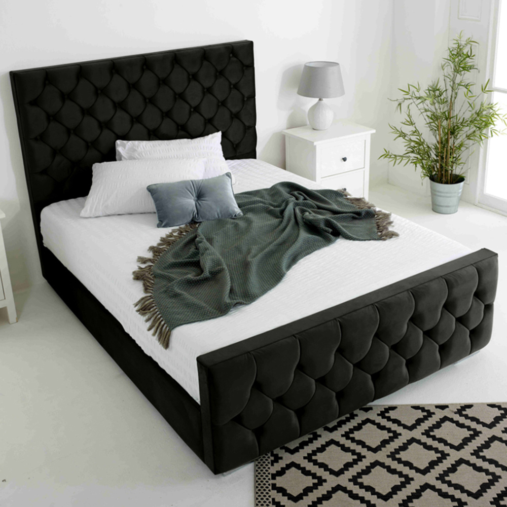 Eleganza Maya King Size Black Plush Velvet Bed Frame with Chesterfield Headboard Image 1