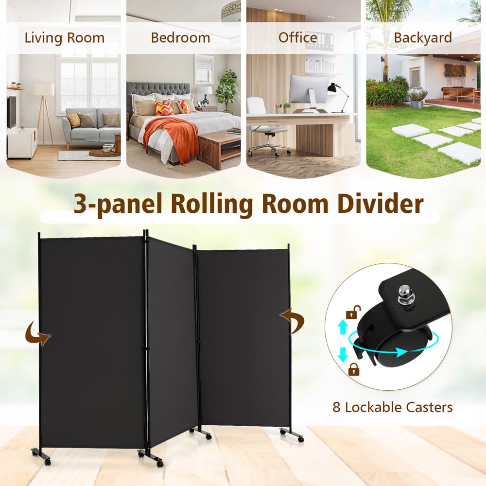Costway 3 Panel Grey Folding Room Divider with Wheels Image 5