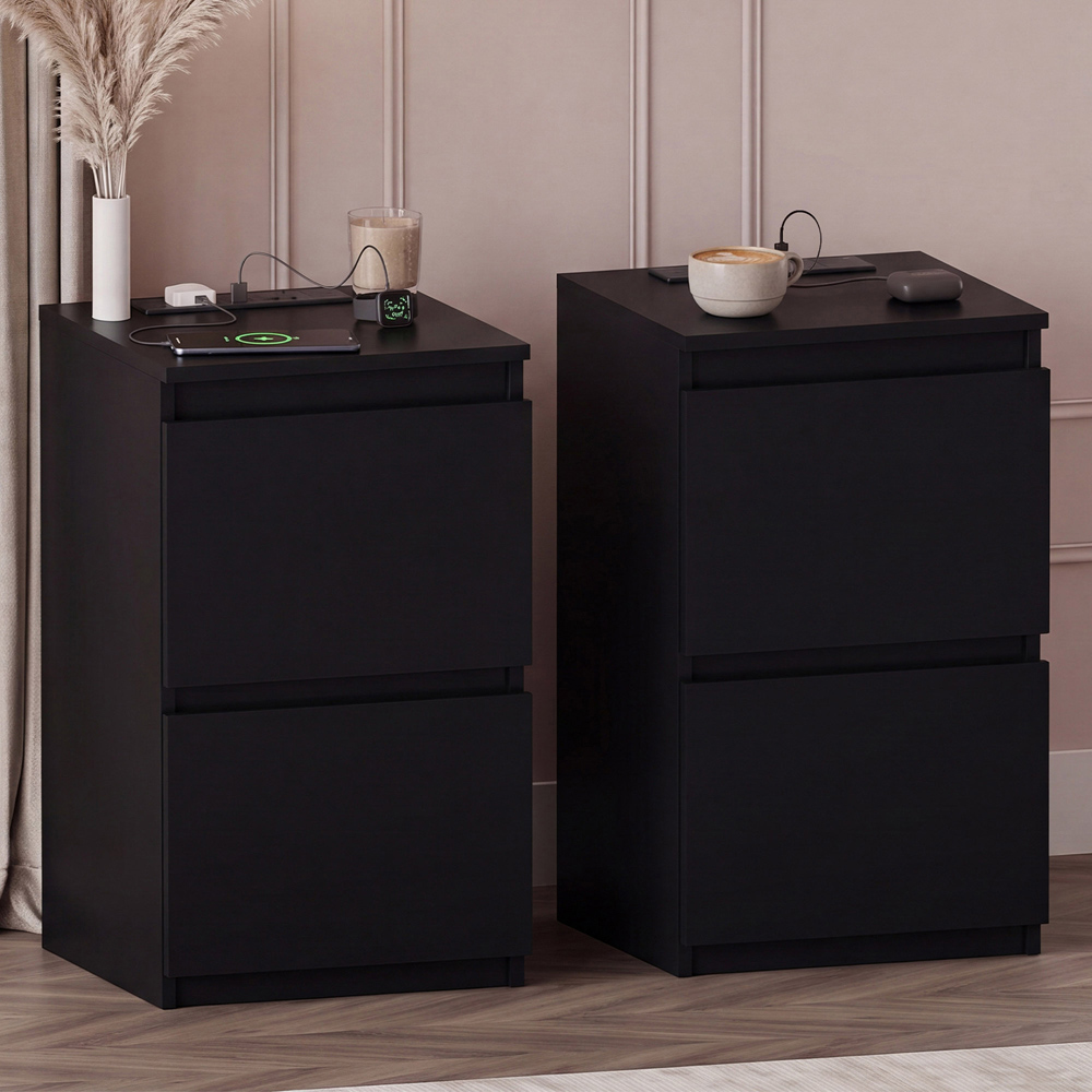 VIDA DESIGNS Denver 2 Drawer Black Bedside Chest with Power Outlet Set of 2 Image 1
