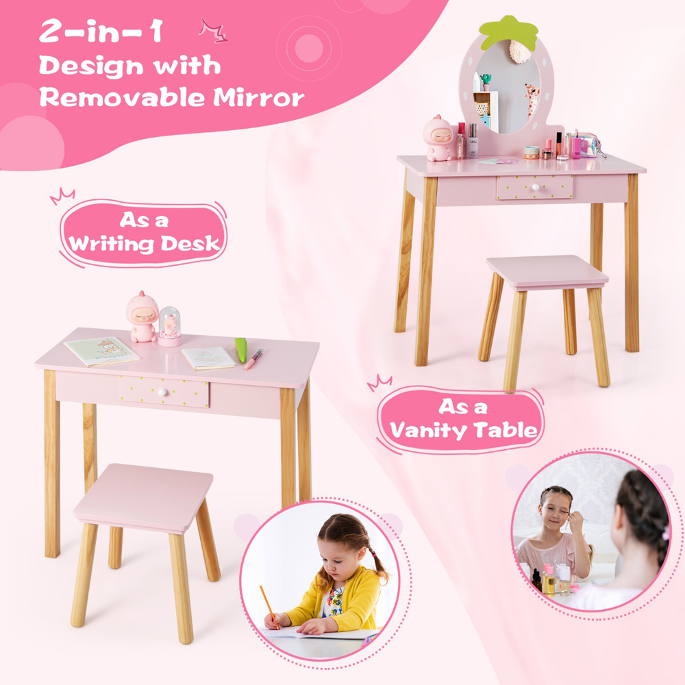 Costway Kids Single Drawer Pink Dressing Table and Stool Set with Mirror Image 4