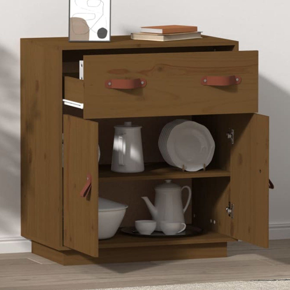 vidaXL 2 Door Single Drawer Honey Brown Pine Wood Sideboard Image 1