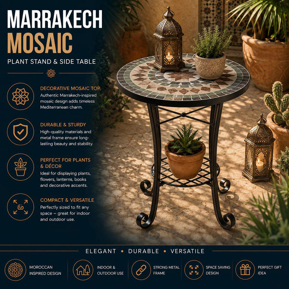 Shatchi Marrakech 2-in-1 Single Shelf Mosaic Ceramic Tile Top Plant Stand Side Table Image 8