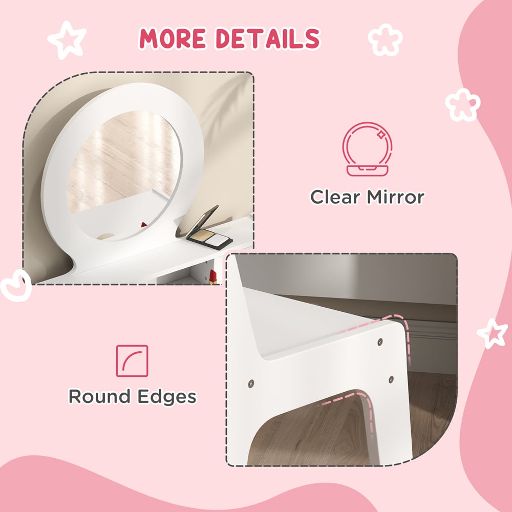 AIYAPLAY 4 Drawer White Mirror Kids Dressing Table and Stool Set Image 6